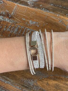 Crystal Multi-Strand Silver Wrap Bracelet and Silver Tone Bracelets Set